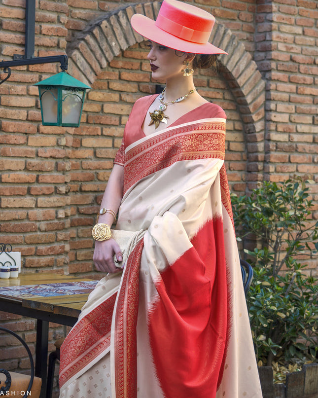 White and Hot Pink Silk Weaving Saree