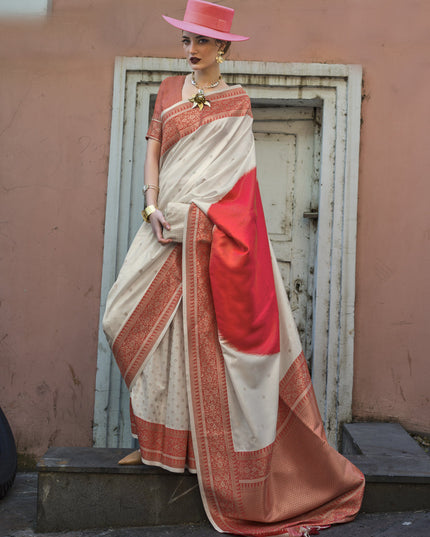 White and Hot Pink Silk Weaving Saree