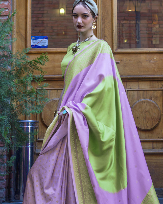 Lilac Pink and Pistachio Green Silk Weaving Saree