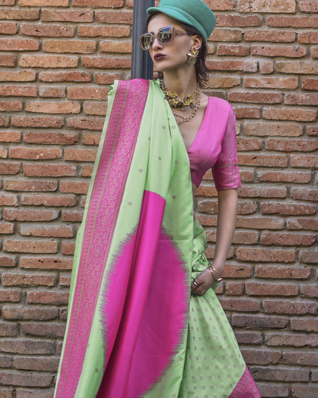 Mint Green and Rani Pink Silk Weaving Saree