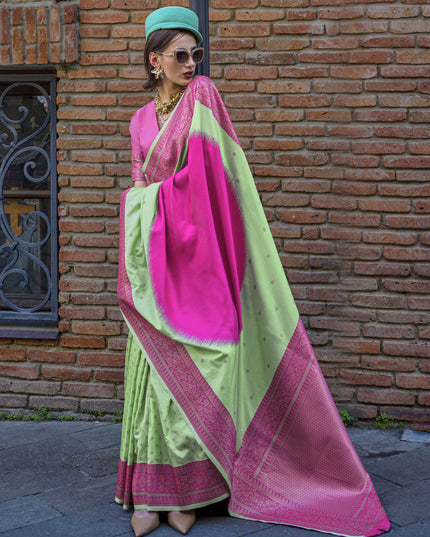 Mint Green and Rani Pink Silk Weaving Saree