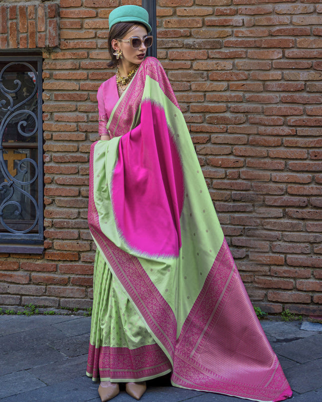 Mint Green and Rani Pink Silk Weaving Saree