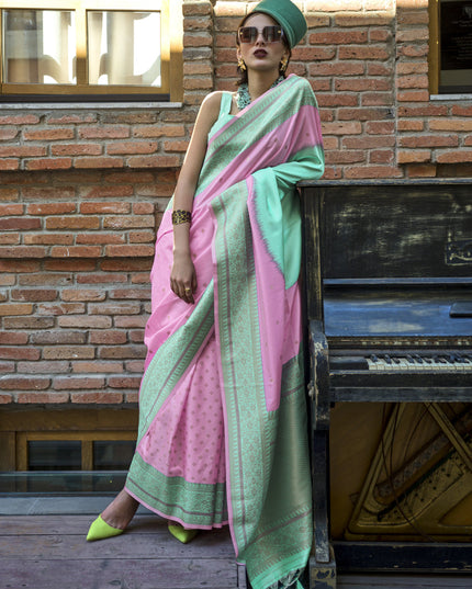 Rose Pink and Turquoise Silk Weaving Saree