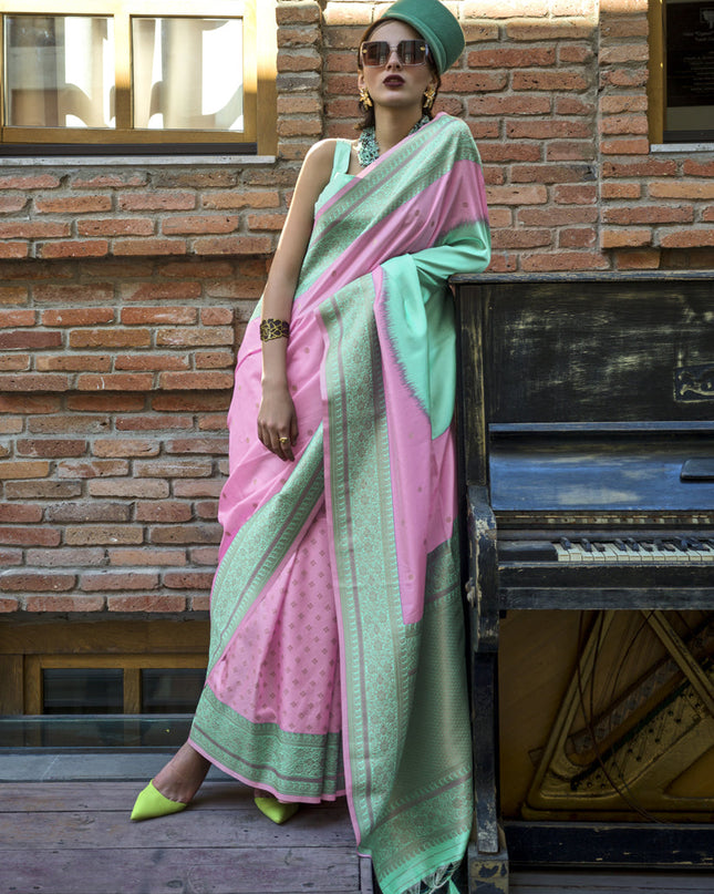 Rose Pink and Turquoise Silk Weaving Saree