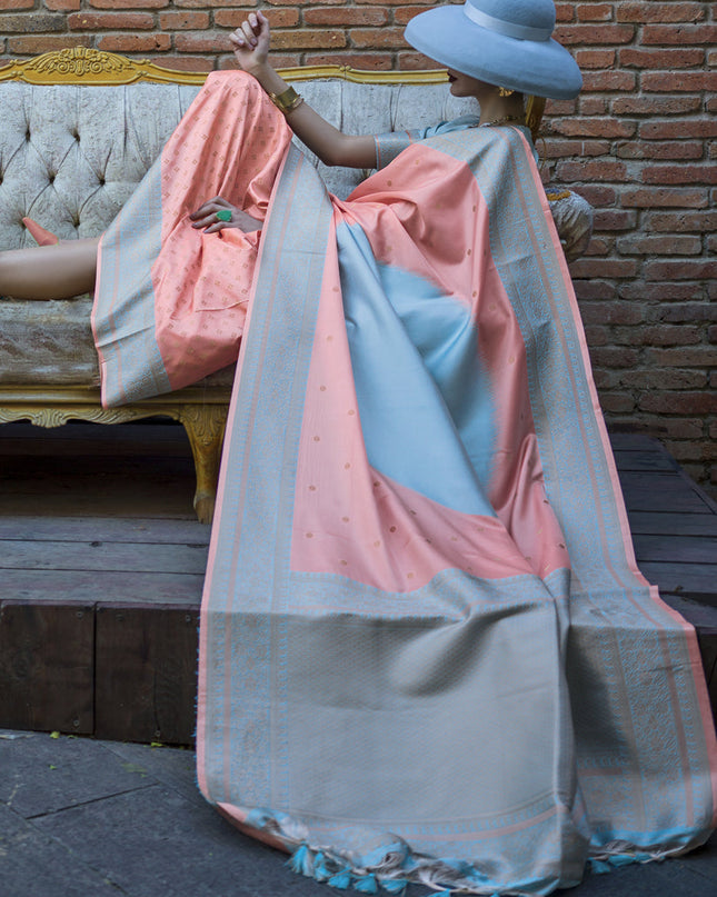 Coral Pink and Sky Blue Silk Weaving Saree