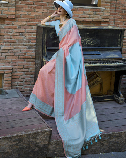 Coral Pink and Sky Blue Silk Weaving Saree