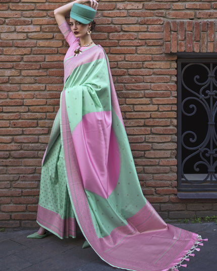 Mint Green and Cherry Pink Silk Weaving Saree