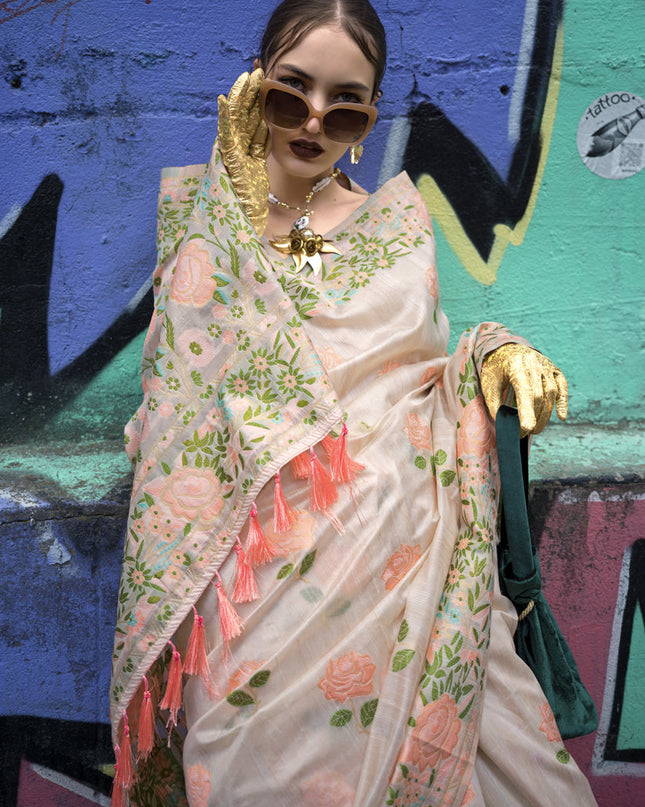 Pearl White Handloom Silk Parsi Weaving Saree