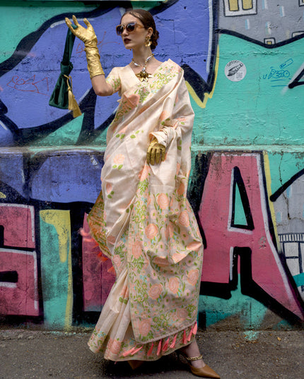 Pearl White Handloom Silk Parsi Weaving Saree