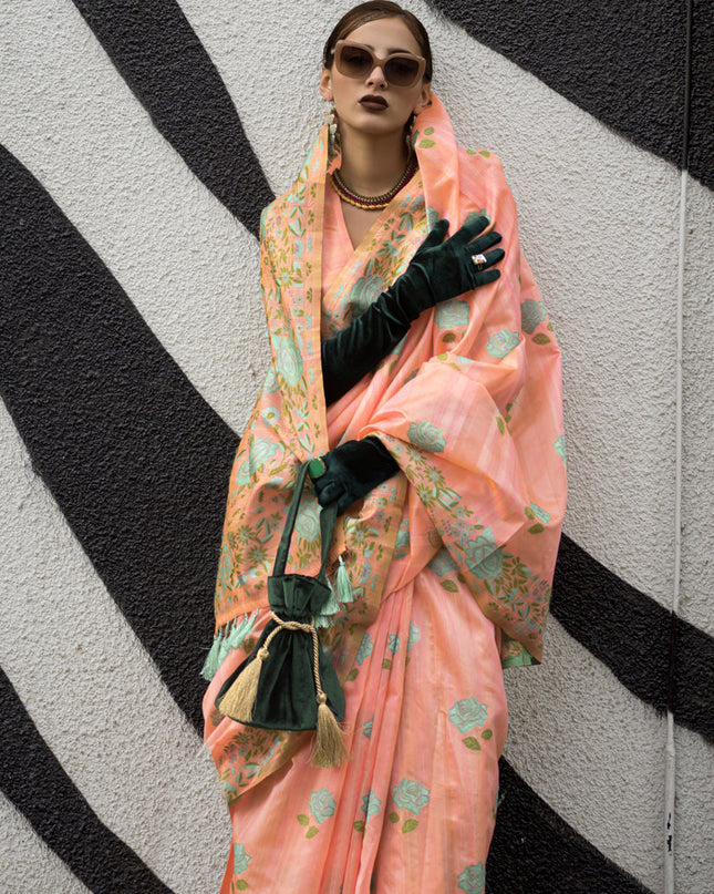 Peach Handloom Silk Parsi Weaving Saree