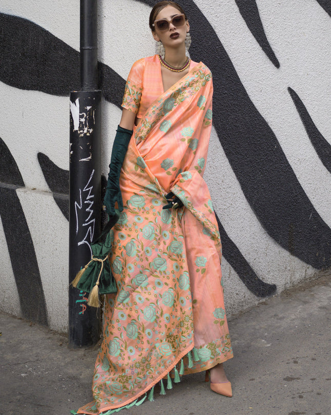 Peach Handloom Silk Parsi Weaving Saree