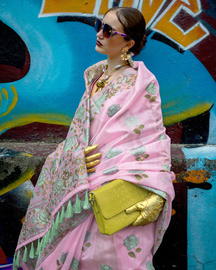 Rose Pink Handloom Silk Parsi Weaving Saree