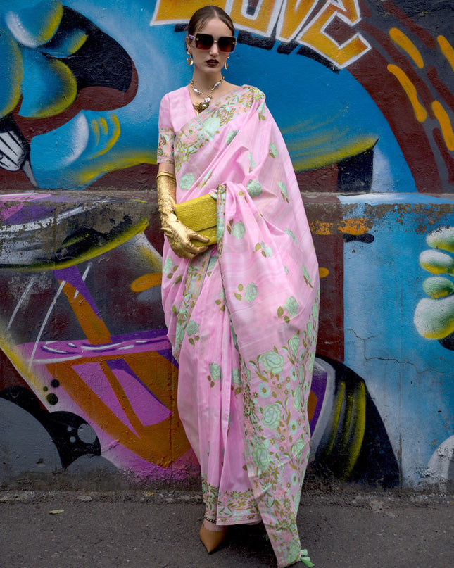 Rose Pink Handloom Silk Parsi Weaving Saree