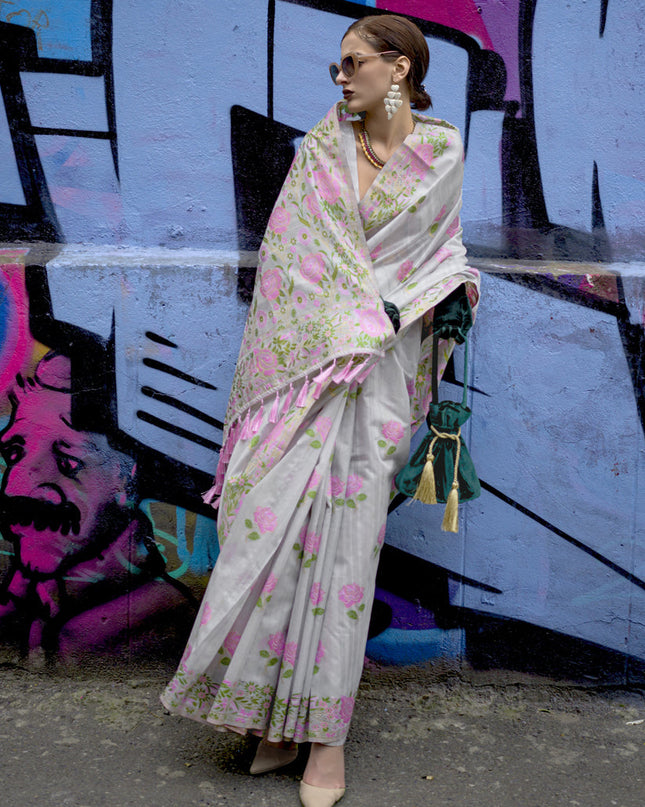 Pearl Grey Handloom Silk Parsi Weaving Saree