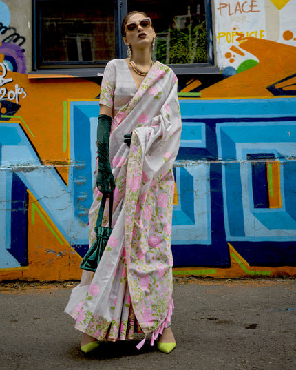 Pearl Grey Handloom Silk Parsi Weaving Saree