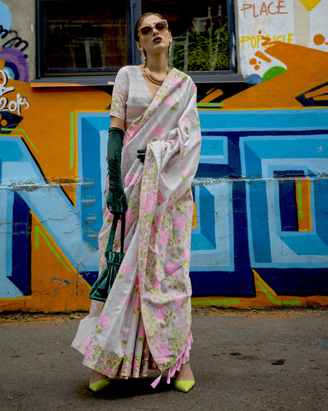 Pearl Grey Handloom Silk Parsi Weaving Saree