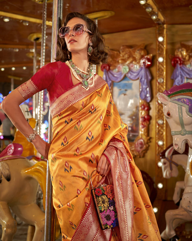 Golden Yellow Handloom Silk Hand Woven Saree