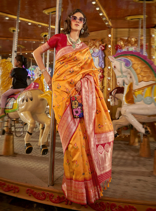 Golden Yellow Handloom Silk Hand Woven Saree