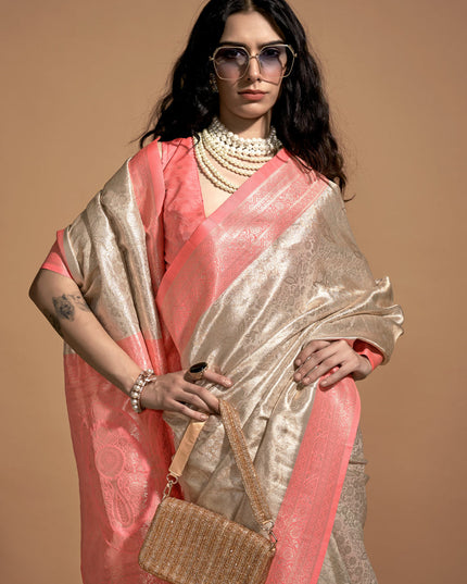 Beige Kanjivaram Silk Hand Woven Saree