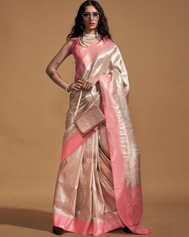 Beige Kanjivaram Silk Hand Woven Saree