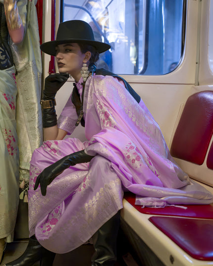 Lilac Pink Habutai Silk Handloom Weaving Saree