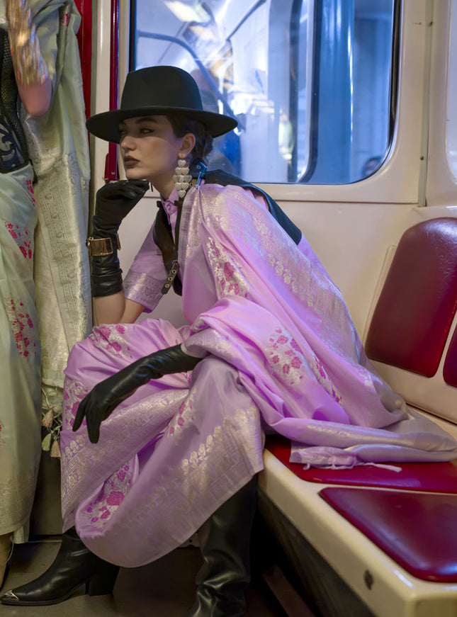 Lilac Pink Habutai Silk Handloom Weaving Saree