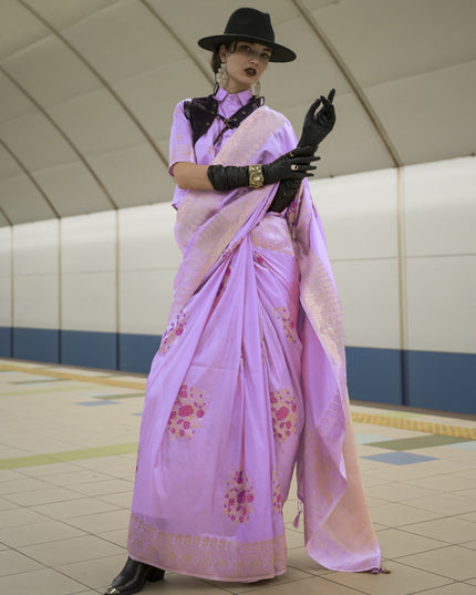 Lilac Pink Habutai Silk Handloom Weaving Saree