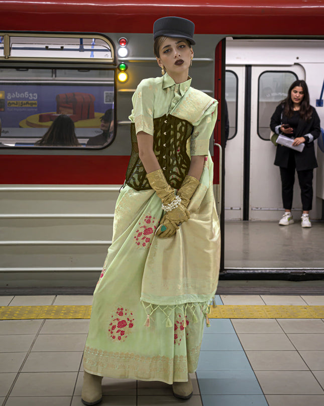 Pistachio Green Habutai Silk Handloom Weaving Saree