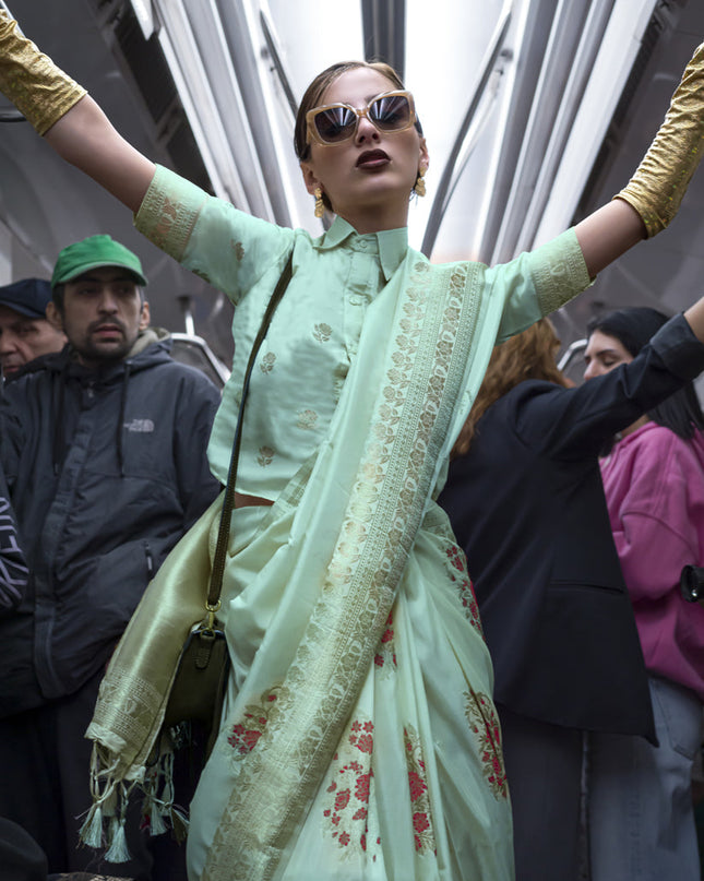 Aqua Blue Habutai Silk Handloom Weaving Saree