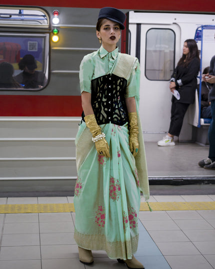 Aqua Blue Habutai Silk Handloom Weaving Saree