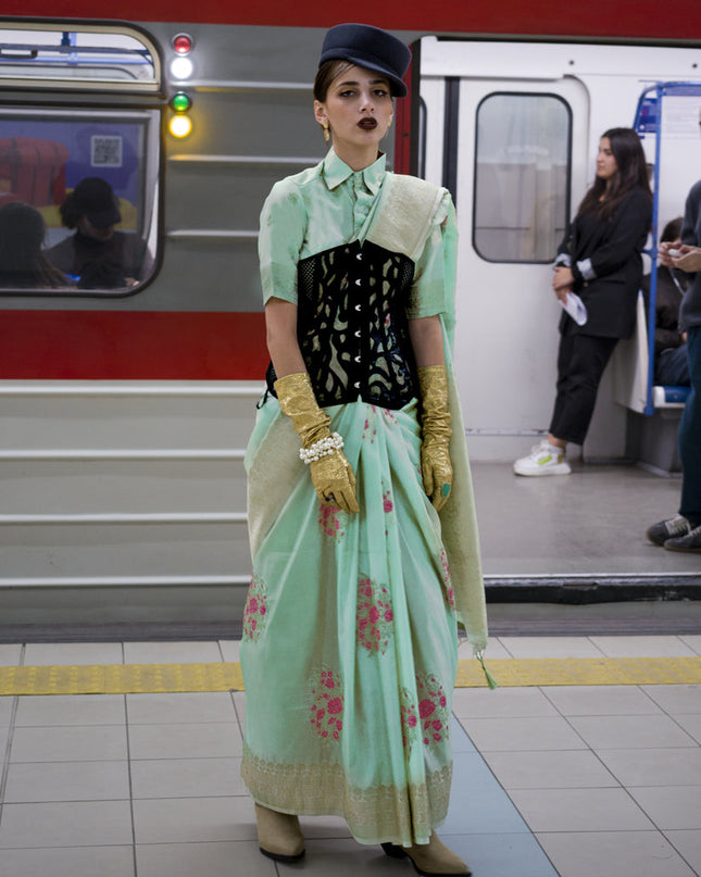 Aqua Blue Habutai Silk Handloom Weaving Saree