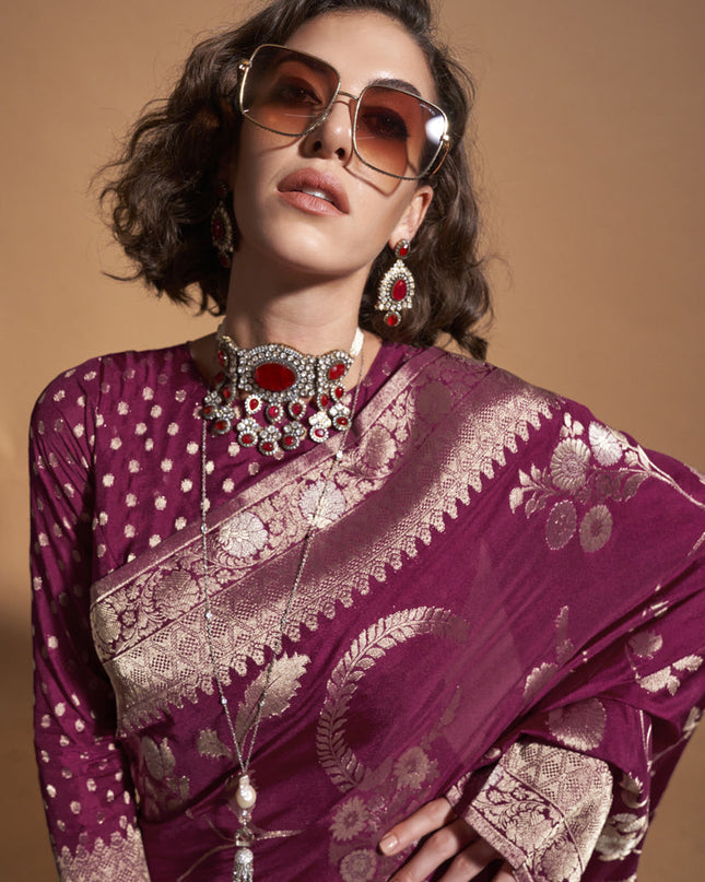 Wine Pure Georgette Silk Weaving Saree