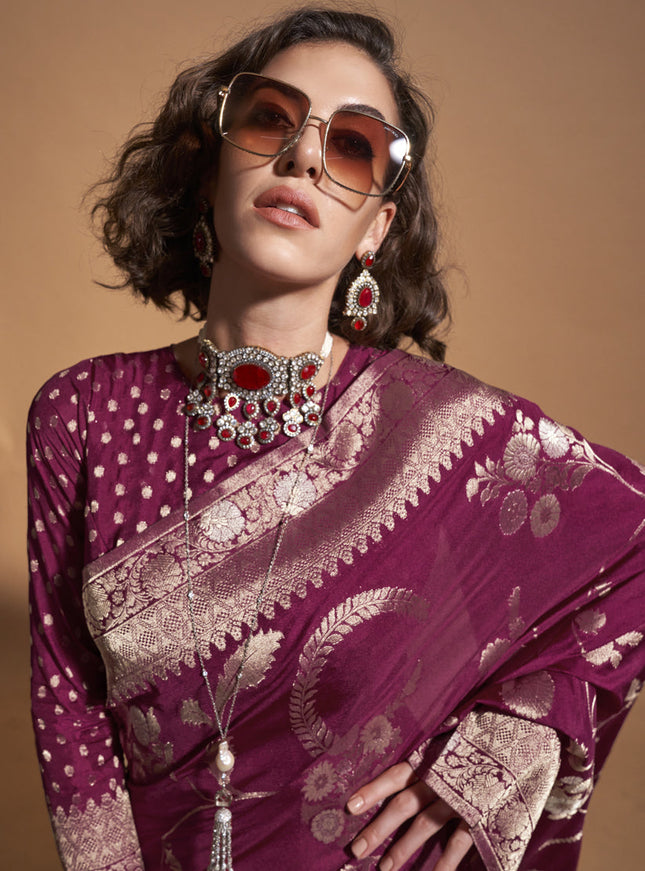 Wine Pure Georgette Silk Weaving Saree