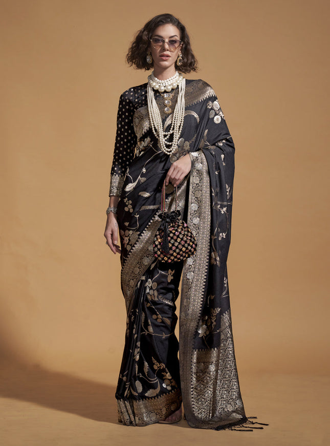 Black Pure Georgette Silk Weaving Saree