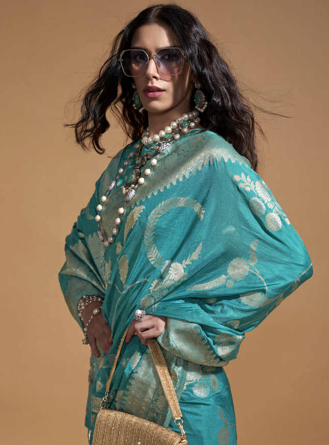 Firozi Pure Georgette Silk Weaving Saree