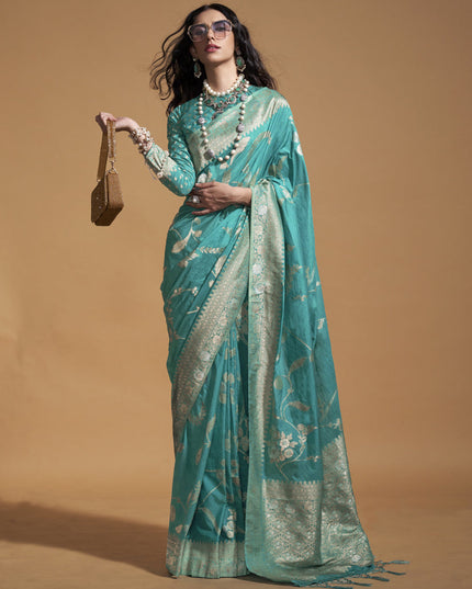 Firozi Pure Georgette Silk Weaving Saree