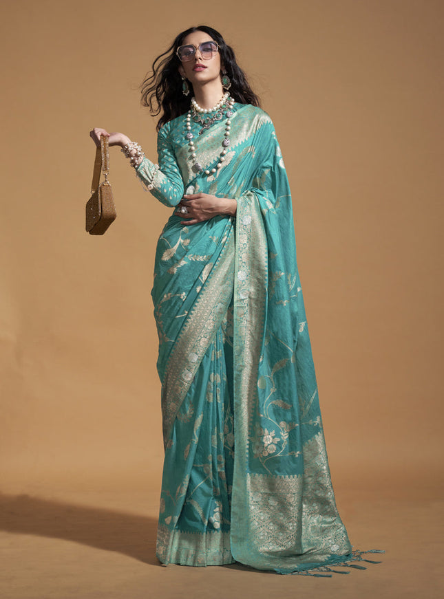 Firozi Pure Georgette Silk Weaving Saree