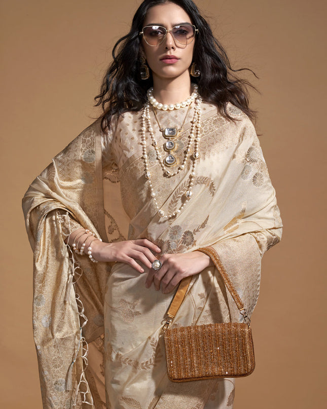 Off White Pure Georgette Silk Weaving Saree