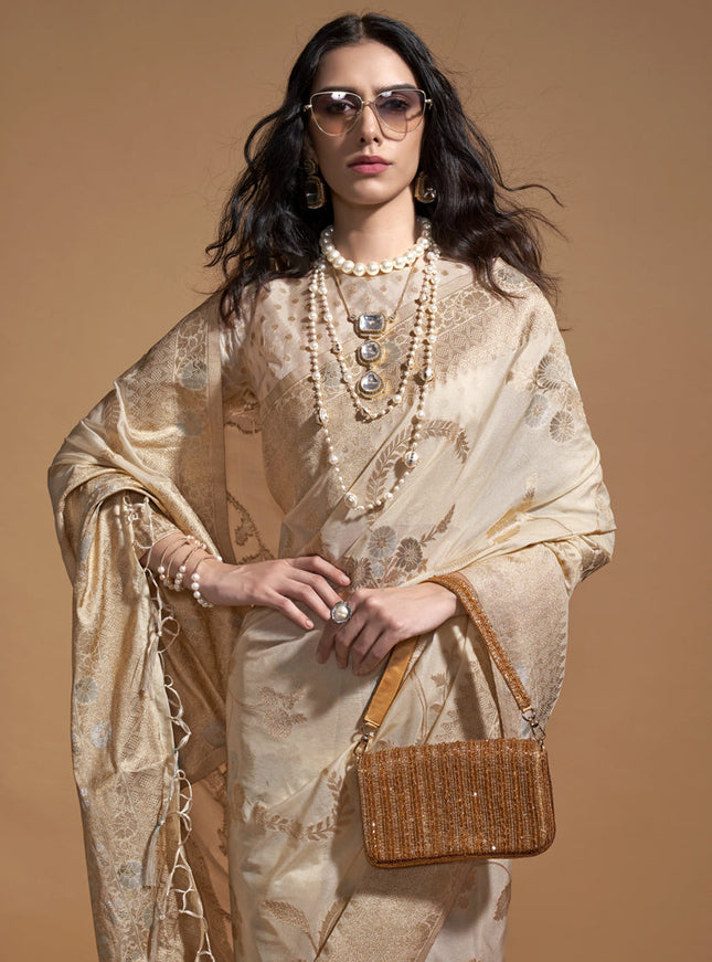 Off White Pure Georgette Silk Weaving Saree