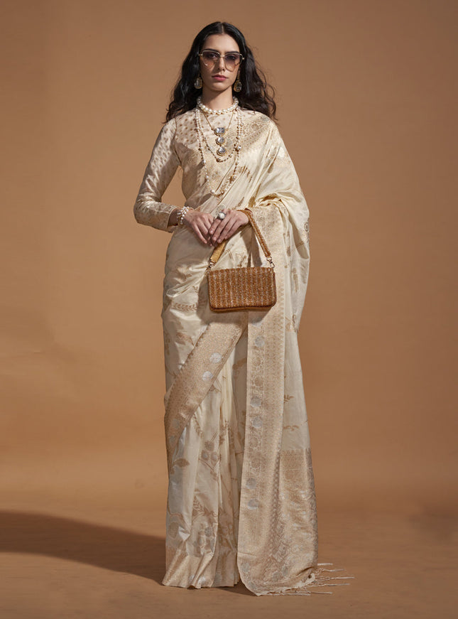 Off White Pure Georgette Silk Weaving Saree