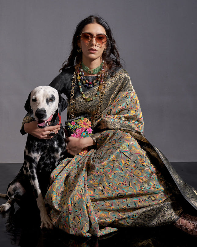 Black Handwoven Kashmiri Silk Saree