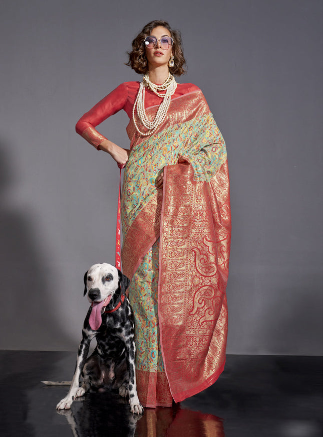 Mint Green Handwoven Kashmiri Silk Saree