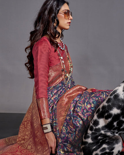 Navy Blue Handwoven Kashmiri Silk Saree