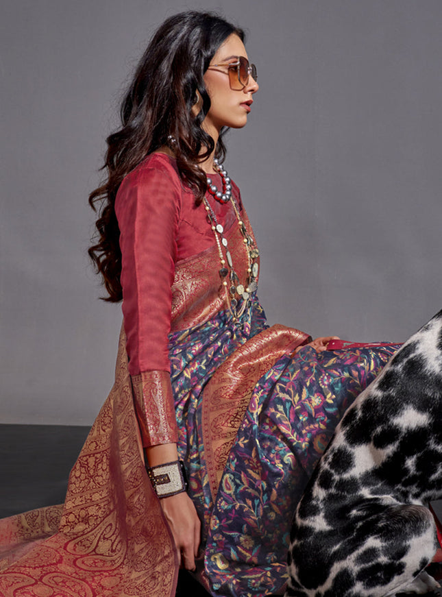 Navy Blue Handwoven Kashmiri Silk Saree