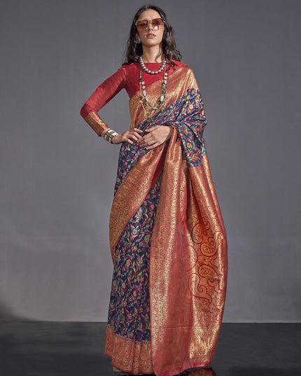 Navy Blue Handwoven Kashmiri Silk Saree