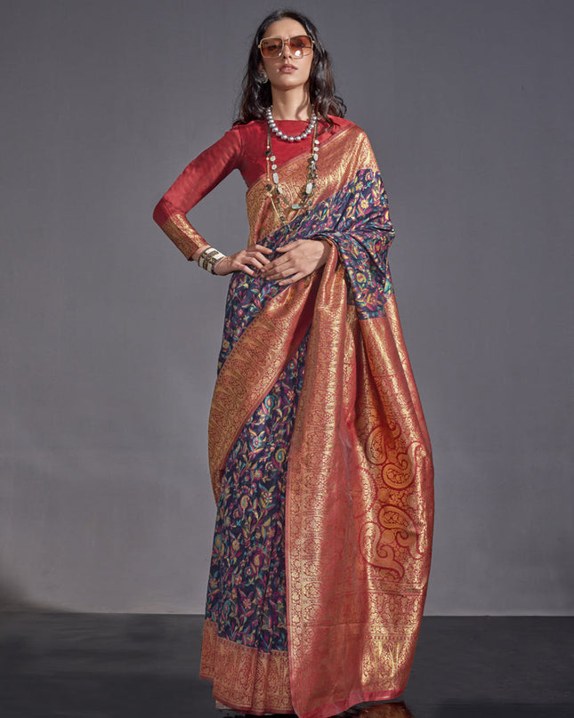 Navy Blue Handwoven Kashmiri Silk Saree