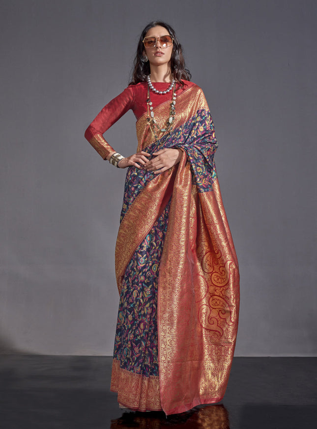 Navy Blue Handwoven Kashmiri Silk Saree