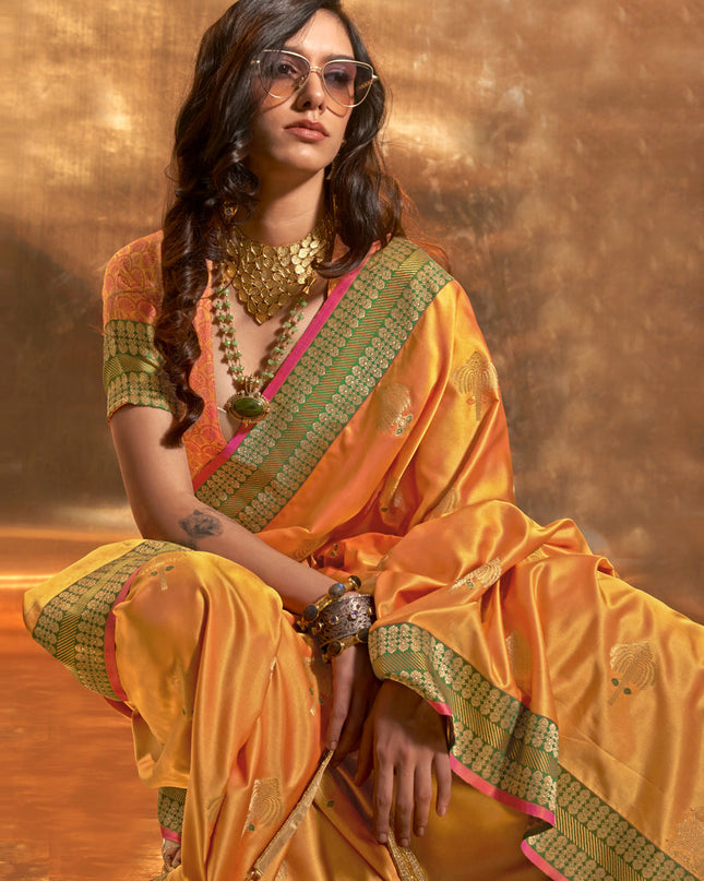 Golden Yellow Pure Satin Chaap Handloom Silk Saree