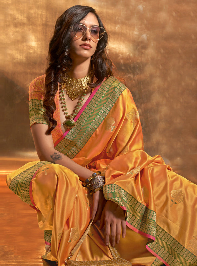 Golden Yellow Pure Satin Chaap Handloom Silk Saree