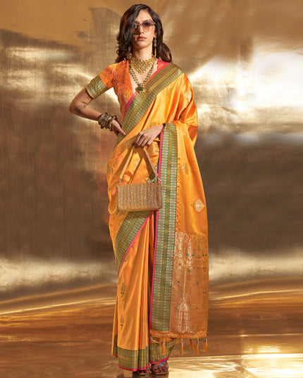 Golden Yellow Pure Satin Chaap Handloom Silk Saree